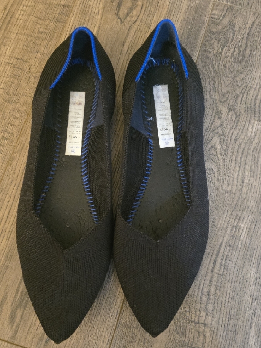 Rothy's Black Pointed Knit Flats with Blue Trim - Picture 5 of 6